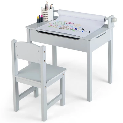 Costway Toddler Craft Table & Chair Set Kids Art Crafts Table WithPaper Roll Holder Grey/White - Image 10