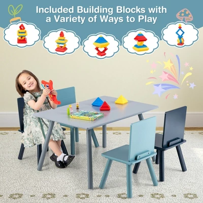 Costway 5 Piece Kids Wooden Activity Table And 4 Chairs Play Set Gift W/ Building Blocks - Image 3