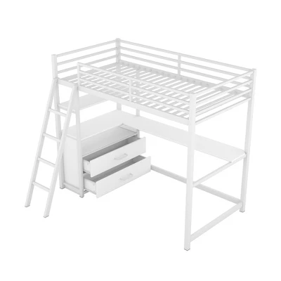 Twin Size Metal Loft Bed With Desk, Shelves And Two Built-in Drawers - ModernLuxe - Image 6