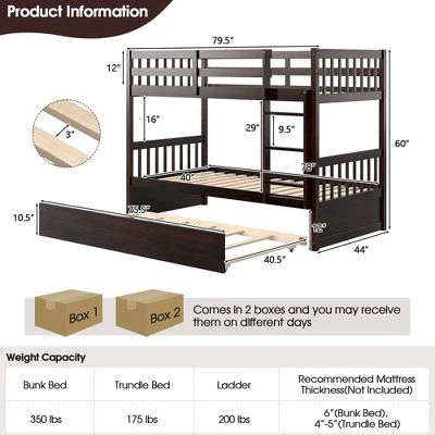 Costway Twin Over Twin Bunk Bed With Twin Trundle Solid Wood Frame Espresso/White - Image 2