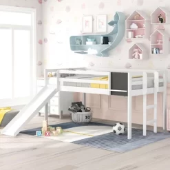 Twin Size Loft Wood Bed With Slide, Stair And Chalkboard - ModernLuxe