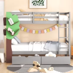 Twin-Over-Twin Bunk Bed With A Tree Decor And Two Storage Drawers-ModernLuxe