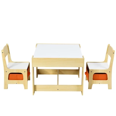 Costway Kids Table Chairs Set With Storage Boxes Blackboard Whiteboard Drawing GreyNature - Image 11