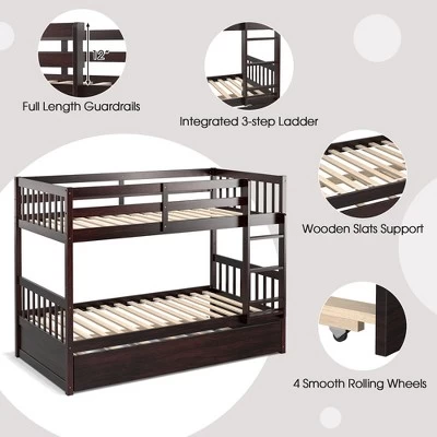 Costway Twin Over Twin Bunk Bed With Twin Trundle Solid Wood Frame Espresso/White - Image 5