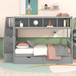 Twin Over Full Bunk Bed With Shelves, Storage Staircase And 2 Drawers - ModernLuxe