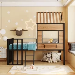 Metal Twin Size Loft Bed With Roof, Windows, Railing And Ladder - ModernLuxe