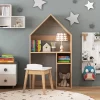 Costway Kids House-Shaped Table & Chair Set Wooden Toy Organizer Cabinet With Blackboard Grey/White