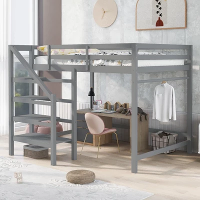Full Size Loft Bed With Staircase And Safety Guardrails Gray/White-ModernLuxe - Image 13
