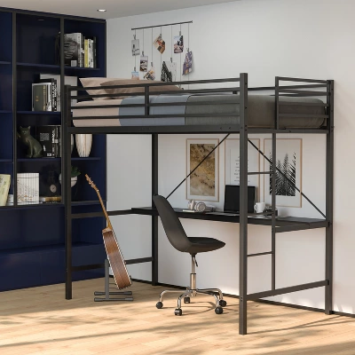 Flash Furniture Jake Metal Loft Bed Frame With Desk, Protective Guard Rails And Ladder For Kids, Teens And Adults - Image 4