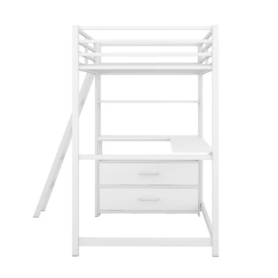 Twin Size Metal Loft Bed With Desk, Shelves And Two Built-in Drawers - ModernLuxe - Image 8