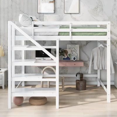 Full Size Loft Bed With Staircase And Safety Guardrails Gray/White-ModernLuxe