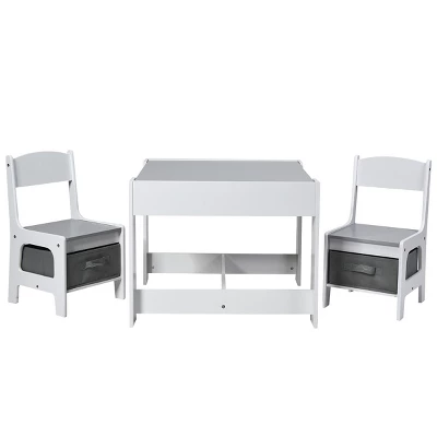 Costway Kids Table Chairs Set With Storage Boxes Blackboard Whiteboard Drawing GreyNature - Image 10