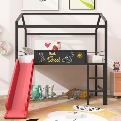 Twin Size Metal House Loft Bed With Slide And Two-Sided Writable Wooden Board-ModernLuxe