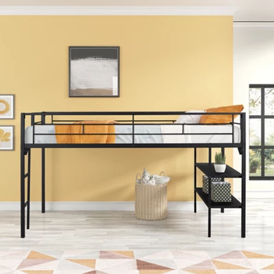 Metal Twin Size Low Loft Bed With Storage Shelf And Stairs, Black - ModernLuxe