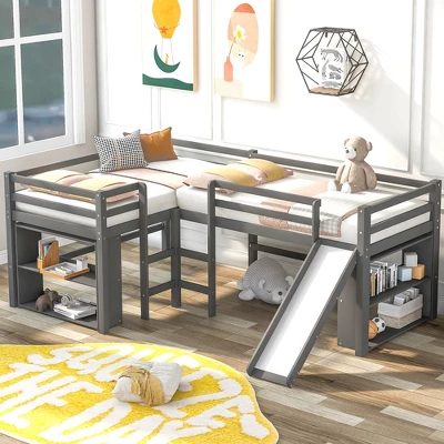 Twin Size L-Shaped Loft Bed With Movable Two-Tier Shelves And Slide - ModernLuxe - Image 12