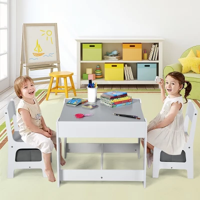 Costway Kids Table Chairs Set With Storage Boxes Blackboard Whiteboard Drawing GreyNature - Image 3