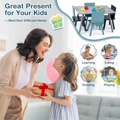 Costway 5 Piece Kids Wooden Activity Table And 4 Chairs Play Set Gift W/ Building Blocks - Image 7