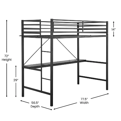 Flash Furniture Jake Metal Loft Bed Frame With Desk, Protective Guard Rails And Ladder For Kids, Teens And Adults - Image 7