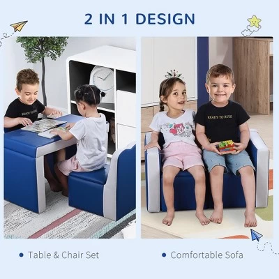 Qaba Kids Sofa Set 2-in-1 Multi-Functional Toddler Table Chair Set 2 Seat Couch Storage Box Soft Sturdy - Image 4
