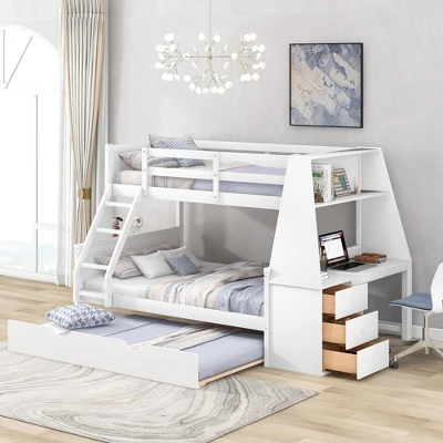 Twin Over Full Bunk Bed With Trundle, Built-in Desk, Three Storage Drawers And Shelf-ModernLuxe - Image 9