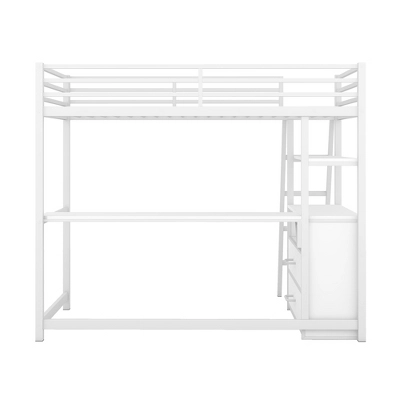 Twin Size Metal Loft Bed With Desk, Shelves And Two Built-in Drawers - ModernLuxe - Image 7