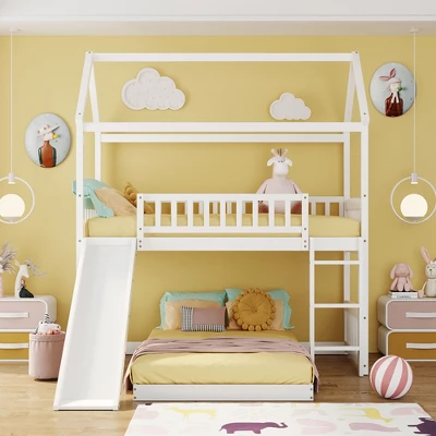 Twin Over Twin Bunk Bed, House Bed With Slide And Ladder-ModernLuxe