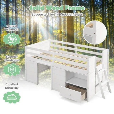 Costway Twin Size Low Loft Bed With Storage Drawer Activity Center Solid Wood Bed Frame - Image 6