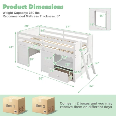 Costway Twin Size Low Loft Bed With Storage Drawer Activity Center Solid Wood Bed Frame - Image 2