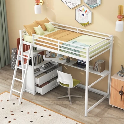 Twin Size Metal Loft Bed With Desk, Shelves And Two Built-in Drawers - ModernLuxe - Image 2