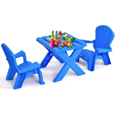 Costway Plastic Children Kids Table & Chair Set 3-Piece Play Furniture In/Outdoor Blue - Image 3