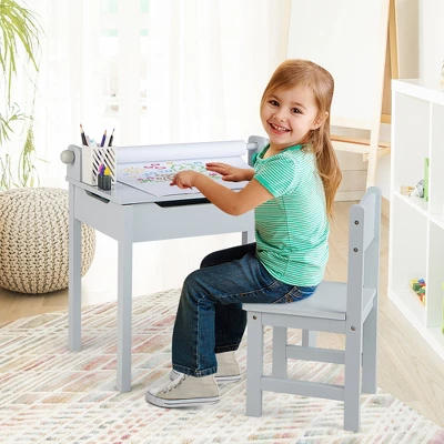 Costway Toddler Craft Table & Chair Set Kids Art Crafts Table WithPaper Roll Holder Grey/White