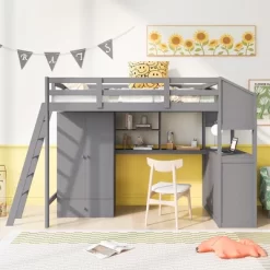 Twin Size Loft Bed With Wardrobe, Drawers And Desk With Shelves - ModernLuxe