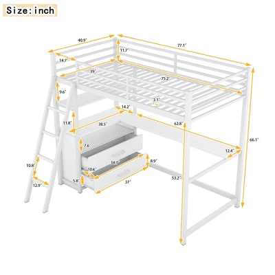 Twin Size Metal Loft Bed With Desk, Shelves And Two Built-in Drawers - ModernLuxe - Image 3