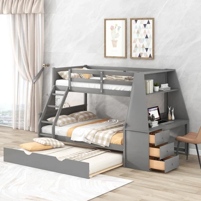 Twin Over Full Bunk Bed With Trundle, Built-in Desk, Three Storage Drawers And Shelf-ModernLuxe - Image 8