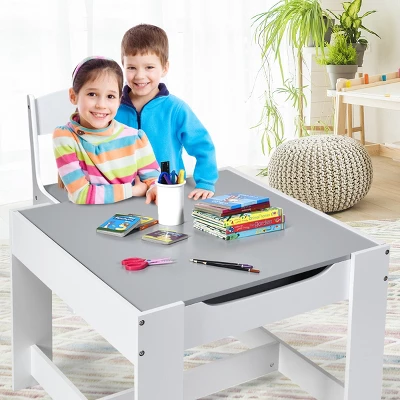 Costway Kids Table Chairs Set With Storage Boxes Blackboard Whiteboard Drawing GreyNature - Image 2