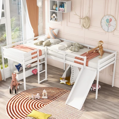 L-Shaped Twin Size Loft Bed With Ladder And Slide - ModernLuxe