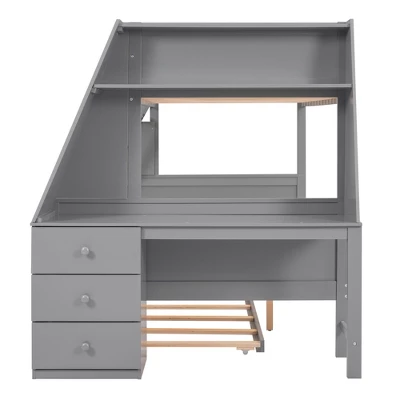 Twin Over Full Bunk Bed With Trundle, Built-in Desk, Three Storage Drawers And Shelf-ModernLuxe - Image 7