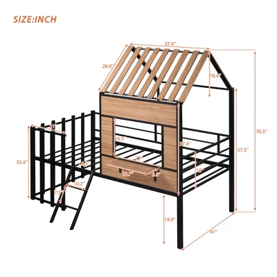 Metal Twin Size Loft Bed With Roof, Windows, Railing And Ladder - ModernLuxe - Image 2
