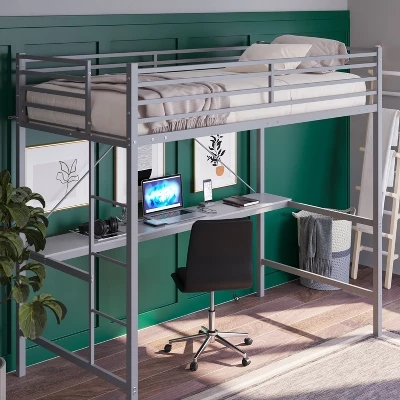 Emma And Oliver Metal Loft Bed Frame With Desk, Protective Guard Rails And Ladder For Kids, Teens And Adults - Image 4