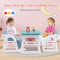 Costway 3-Piece Kids Table And Chair Set Toddler Activity Study Desk With Building Blocks