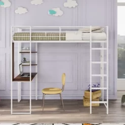 Twin Metal Loft Bed With 2 Shelves And Desk - ModernLuxe