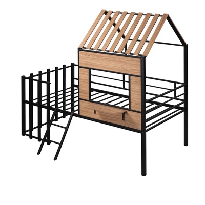 Metal Twin Size Loft Bed With Roof, Windows, Railing And Ladder - ModernLuxe - Image 3