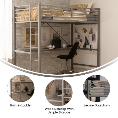 Emma And Oliver Metal Loft Bed Frame With Desk, Protective Guard Rails And Ladder For Kids, Teens And Adults - Image 6