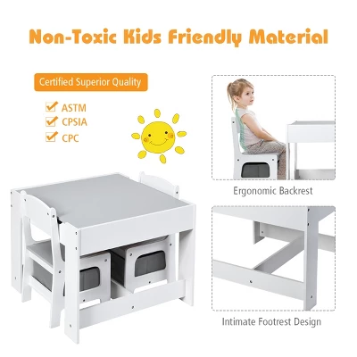 Costway Kids Table Chairs Set With Storage Boxes Blackboard Whiteboard Drawing GreyNature - Image 7
