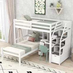 Twin Size Loft Bed With Separate Bed, Staircase For Storage, Desk, Shelves And Drawers - ModernLuxe