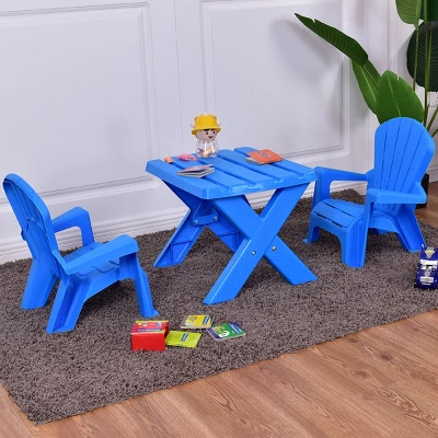 Costway Plastic Children Kids Table & Chair Set 3-Piece Play Furniture In/Outdoor Blue - Image 4