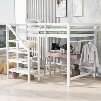 Full Size Loft Bed With Staircase And Safety Guardrails Gray/White-ModernLuxe - Image 12
