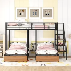 Full Over Twin-Twin Triple Bunk Bed With Drawers And Staircase - ModernLuxe