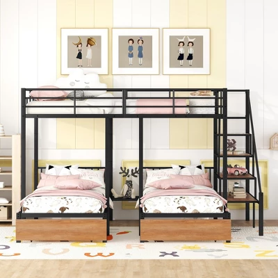 Full Over Twin-Twin Triple Bunk Bed With Drawers And Staircase - ModernLuxe