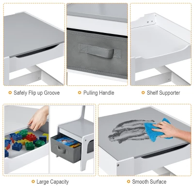 Costway Kids Table Chairs Set With Storage Boxes Blackboard Whiteboard Drawing GreyNature - Image 8